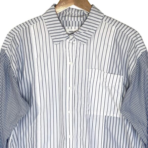 AMERICAN EAGLE Women’s Blue and White Mixed Stripe Button Front shirt - Picture 4 of 6